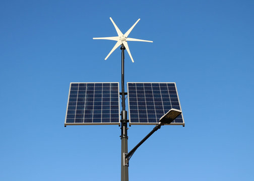 Ecological street lamp powered by a wind turbine and solar panels