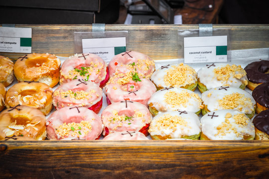 An assortment of doughnuts on display at Broadway Market in Hackney, East London