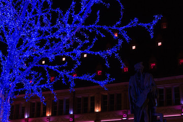 Illuminated blue tree at Place Gutenberg during Christmas season in Strasbourg, France