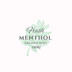 Fresh Menthol Farms Abstract Vector Sign, Symbol or Logo Template. Mint Branch Sillhouette with Retro Typography. Vintage Luxury Emblem.