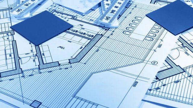 Blueprints: architectural drawings, yardstick - folding ruler & samples of modern interior decoration materials - decorative plastics smoothly rotate on the surface of the architectural plan