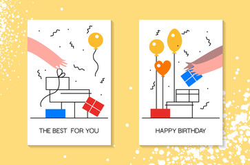 Birthday celebration with balloon, gift box and falling confetti greeting card, poster, web banner moden flat style