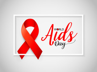 World AIDS Day lettering design with red ribbon. Aids Awareness icon design for poster, banner, t-shirt. Vector illustration isolated on white background.