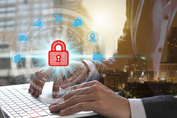 hand use laptop computer with padlock icon