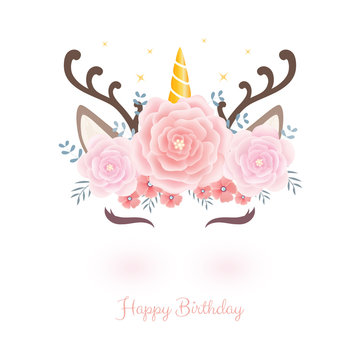 Cute unicorn head with flower crown for birthday.