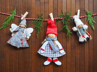 Wooden Christmas decoration on clothesline