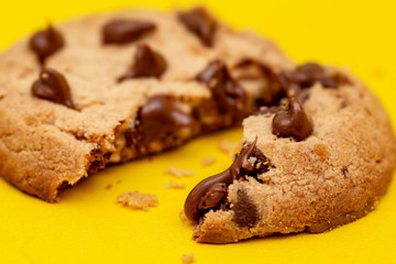 Creamy chocolate filling cookies. Drops of creamy chocolate on homemade biscuit.