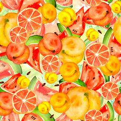 Seamless watercolor pattern of a set of fruits - watermelon, slices, grapefruit, lemon, lime, orange, peach, plum, apricot. Vintage drawing, hand made. summer modern fashion seamless textile texture.