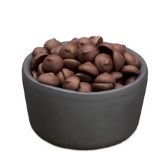 Chocolate chip  morsels or drops in cup top view isolated on white background