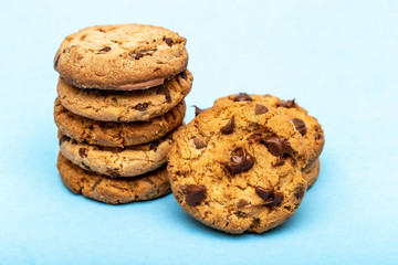 Creamy chocolate filling cookies. Drops of creamy chocolate on homemade biscuit.