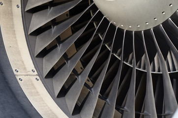 Close up fan blade of engine airplane.