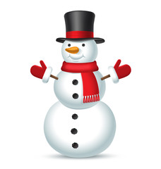 Christmas snowman with top hat, red scarf and mittens isolated on white background. Vector illustration
