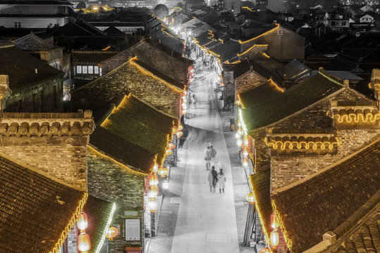aerial view of historic buildings at night in Yangzhou,China.