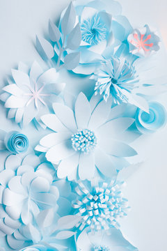 blue paper flowers on the blue background