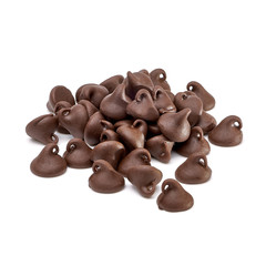 Chocolate chips morsels or drops pile top view isolated on white background
