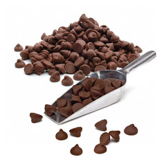 Chocolate drops or chocolate chips morsels pile with scoop side view isolated on white background