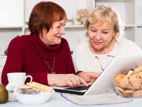 Two smiling elderly women using laptop