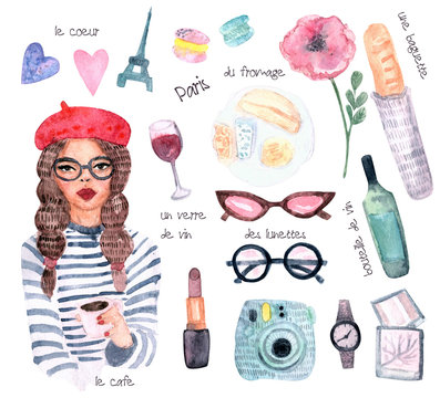 Watercolor Paris set. Hand drawn elements of french culture isolated on white background: girl, eiffel tower, cheese, macaroon, glasses, baguette, camera, watch, wine, coffee, peony, lipstick.