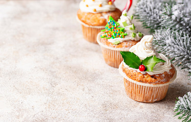 Christmas festive cupcake with different decorations