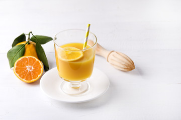 Glass of Tasty Citrus Juice Refreshing Tangerin Orange Juice Wooden Background Healthy Detox Drink Copy Space