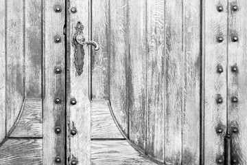 part of an old white wooden antique door with metal elements