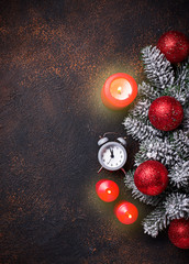 Christmas background with branch of tree and  balls