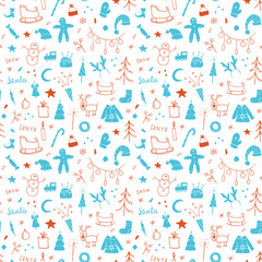 New Year and Christmas seamless pattern, hand drawn doodles Seamless Pattern. Background Vector Illustration