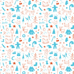 New Year and Christmas seamless pattern, hand drawn doodles Seamless Pattern. Background Vector Illustration