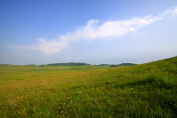 Fototapeta na wymiar blue sky and white clouds in the WuLanBuTong grassland, China