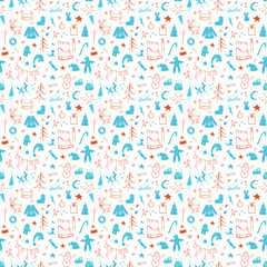 Fototapeta na wymiar New Year and Christmas seamless pattern, hand drawn doodles Seamless Pattern. Background Vector Illustration