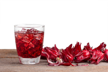 roselle mocktail drink with roselle fruits or Hibiscus sabdariffa on wooden .Jamaica sorrel .