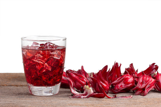 Roselle Mocktail Drink With Roselle Fruits Or Hibiscus Sabdariffa On Wooden .Jamaica Sorrel .