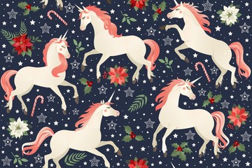 Unicorns on a Christmas floral background. Seamless pattern. © Angelina Bambina