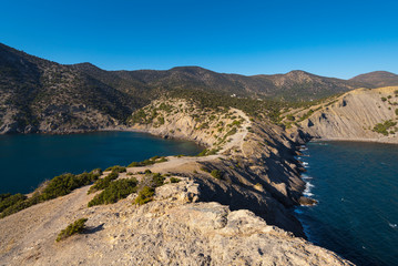 Picturesque view on the bay of the Black Sea, the Crimean peninsula, beautiful landscape with mountain. Noviy Svet, Sudak area, Crimea.
