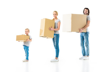 Fototapeta na wymiar happy family holding boxes of different size isolated on white