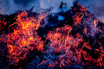 Fire and ashes during garbage burning at night_