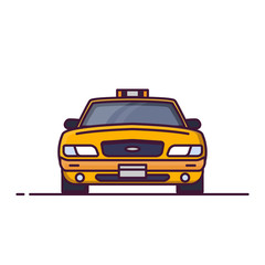 Front view of yellow taxi car with sign. Line style vector illustration. Vehicle and transport banner. Classic american taxi car from New York. Transportation pixel perfect banner.