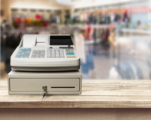 Cash register with LCD display on background