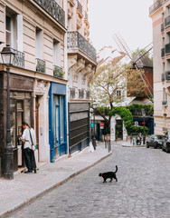 Cozy street with tables of cafe and old mill in quarter Montmartre in Paris, France