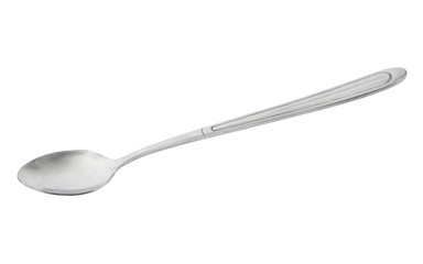 Long stainless steel glossy metal kitchen spoon isolated over the white background