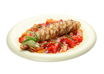 Pike perch with vegetables in sweet and sour sauce. Asian cuisine. On a white background