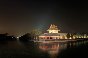 Obraz premium night view of northeast turrets of the Forbidden City on december 22, 2013, beijing, china.