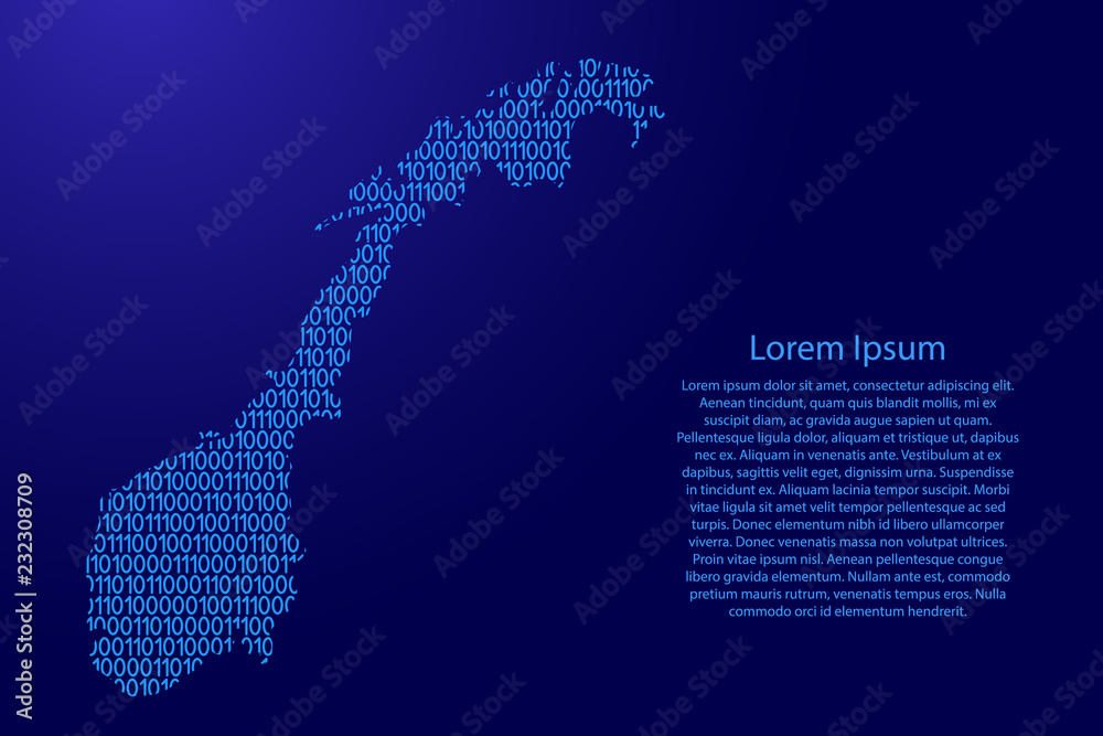 Fototapete norway map abstract schematic from blue ones and zeros binary digital code with space stars for bann