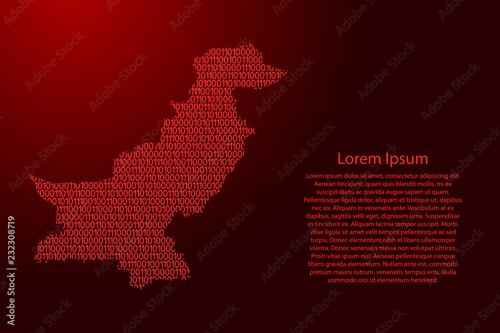 Fototapete pakistan map abstract schematic from red ones and zeros binary digital code with space stars for ban