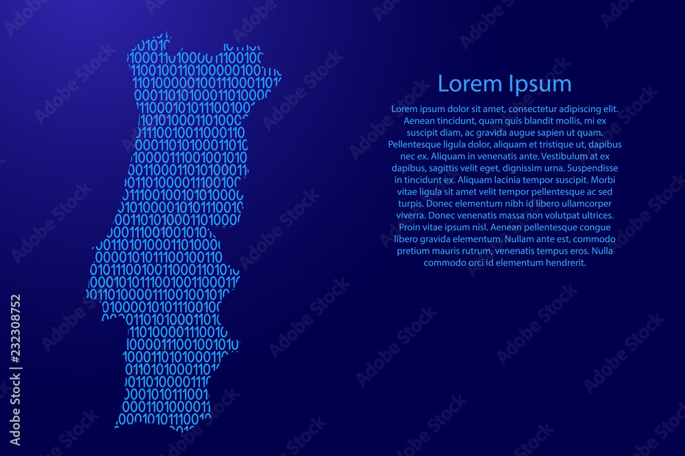 Fototapete portugal map abstract schematic from blue ones and zeros binary digital code for banner, poster, gre