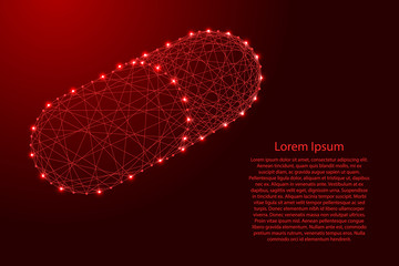 Pill medicine pharmacy symbol from futuristic polygonal red lines and glowing stars for banner, poster, greeting card. Vector illustration.