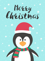 Christmas and New year greeting or invitation card. White cute penquin with hat and scarf on winter background.