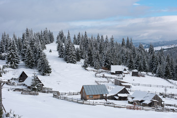 Winter mountain village landscape