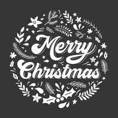 Christmas and New year greeting or invitation card. Merry Christmas hand drawn lettering on black background.