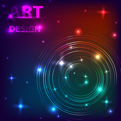 Obraz premium The effect of the magical shine of glowing neon rings on a dark background. Music design. Vector illustration.